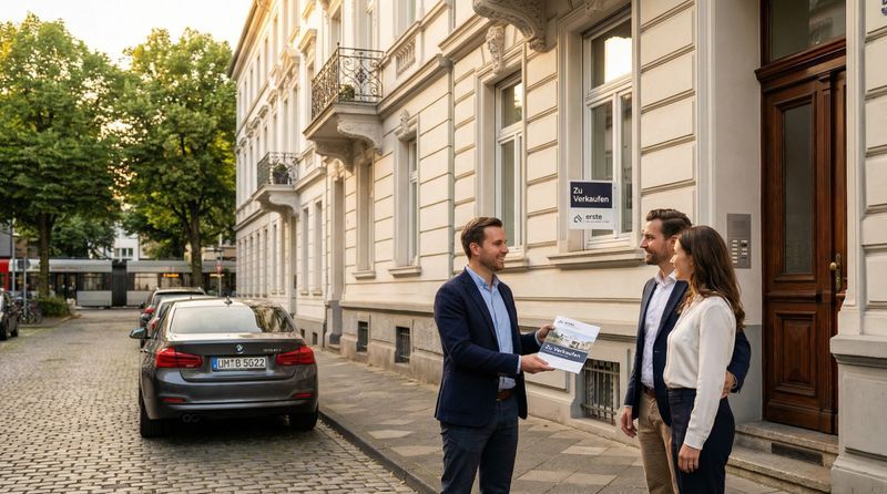 Beratungsgespräch vor einer Immobilie